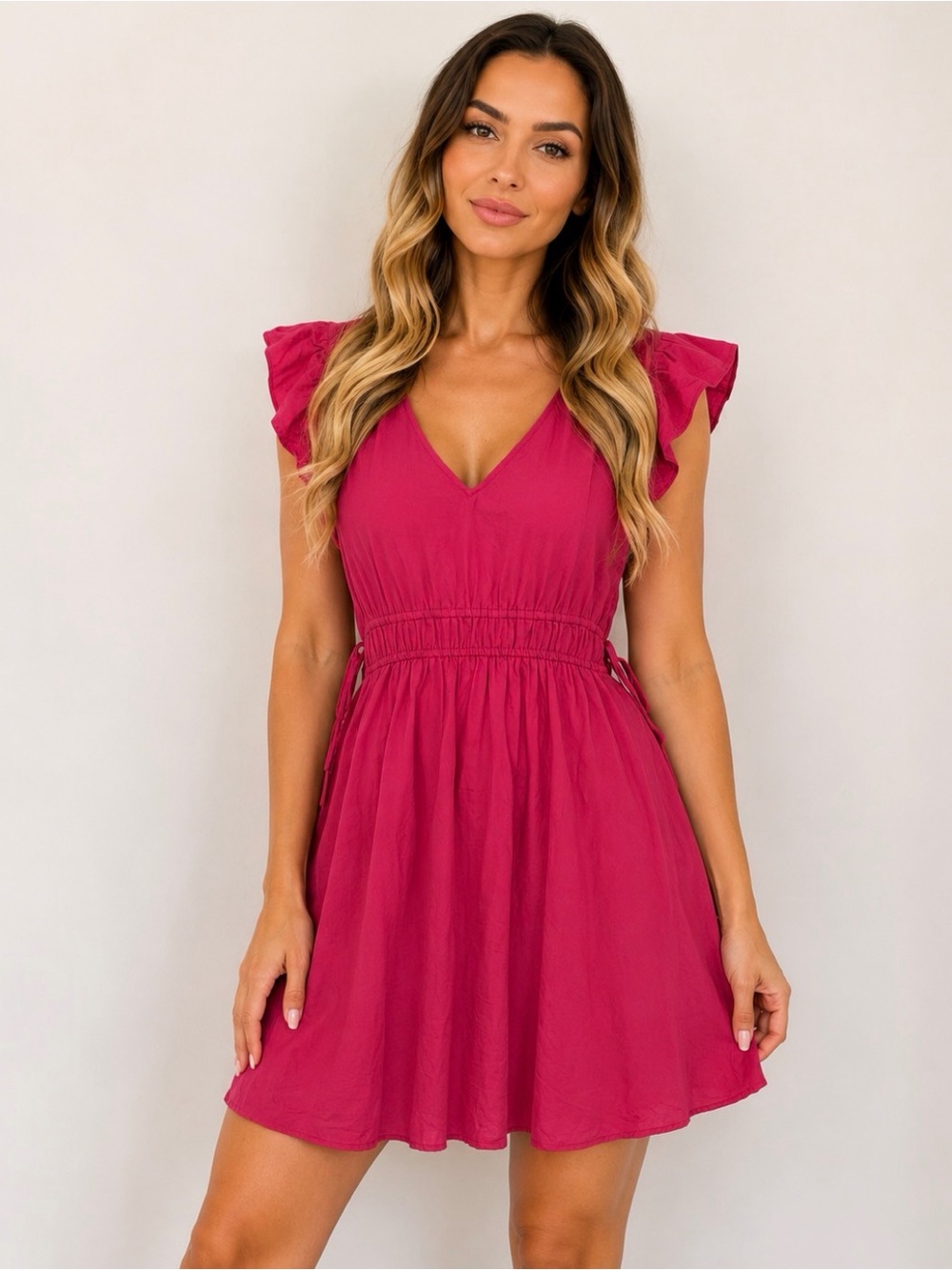 Universal Thread Bright Pink V-Neck Ruffle Sleeve Mini Dress